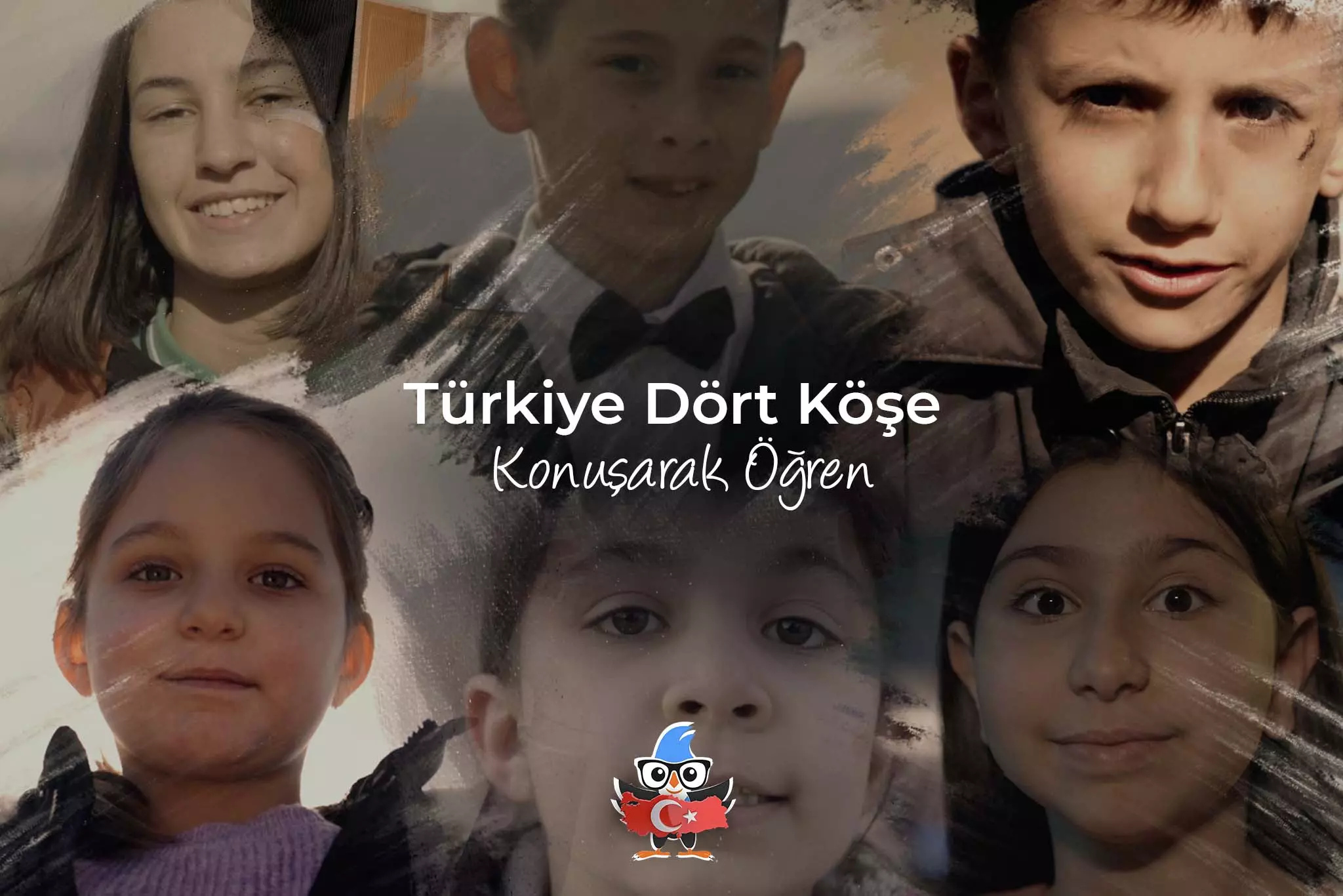 Türkiye 4 Köşe Projesinde eğitim alan çocuklar ve Türkiye 4 köşe logosu